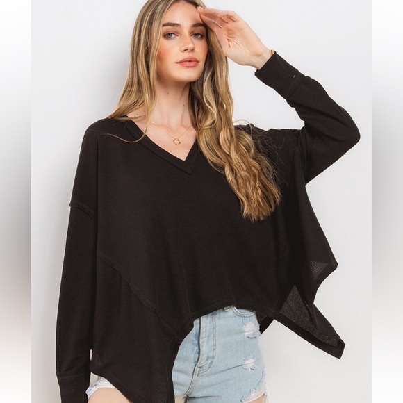 35 Knit Thermal V-neck Reverse st Oversized Casual top - Picture 1 of 4